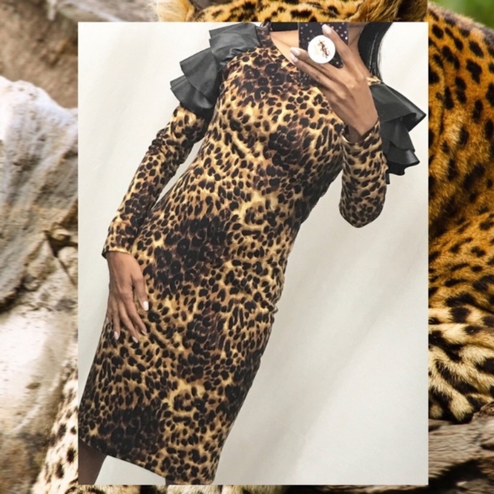 Animal Print Fancy Ruffle Sleeve Dress